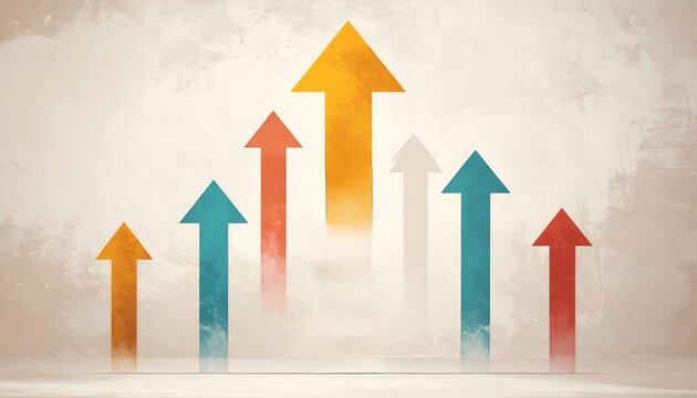 Colorful upward arrows on textured background, symbolizing business growth, financial success, progress and positive market trends.