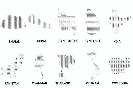 South and Southeast Asia Country Map Outlines Set with Dot and Stripe Patterns