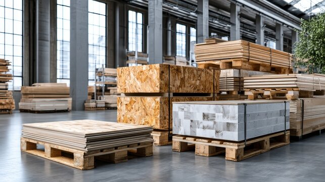 Shopfront of a construction materials store featuring stacked plywood sheets and building supplies, showcasing a typical retail environment for construction and woodworking needs.