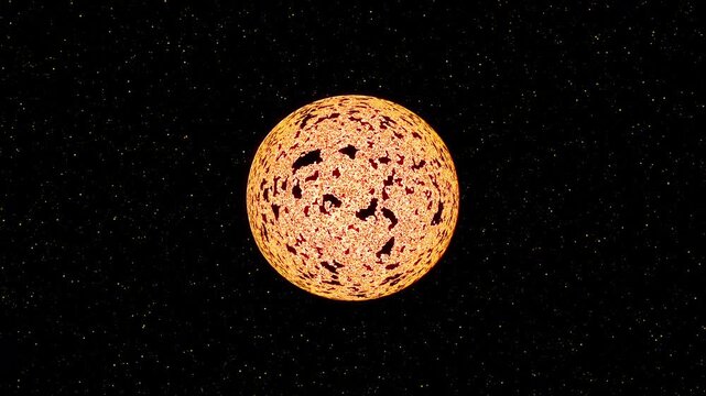 Realistic sun sphere radiating intense warmth animation. Fiery energy sphere exploding and particles are moving. Burning ball of flames in outer space. Solar flares erupts of cinematic cosmic view.
