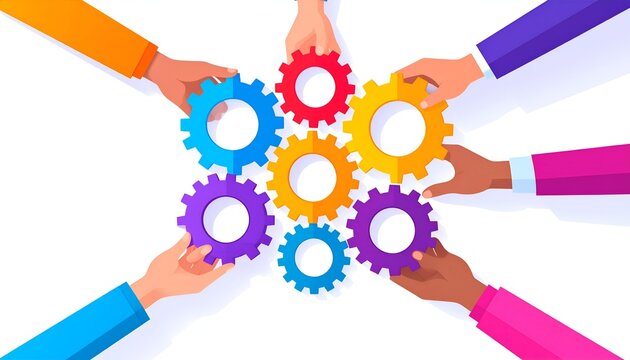 Colorful gears arranged by multiple hands in a flat design, representing teamwork, innovation, project management and collaborative problem solving.