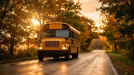 Obraz premium School bus drives on wet road lined with autumn trees during golden hour sunlight warm glow illuminates leaves and asphalt on journey.