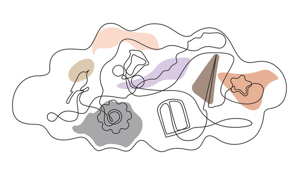 Minimalist single line illustration of tangled thoughts, dream elements, and mental metaphors.