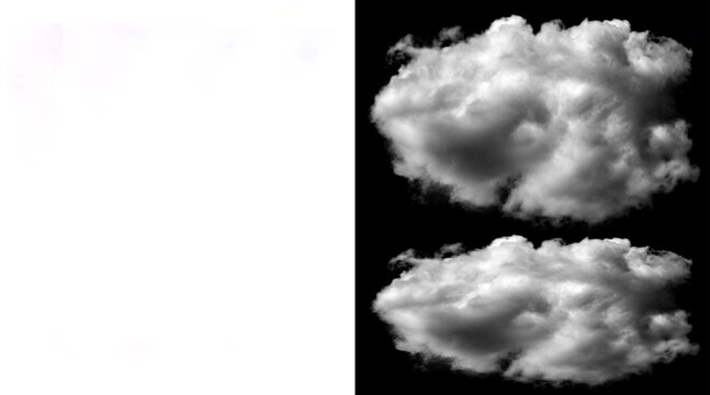 Fluffy white cumulus cloud isolated on black background, realistic atmospheric vapor texture, soft cotton weather element for digital compositing