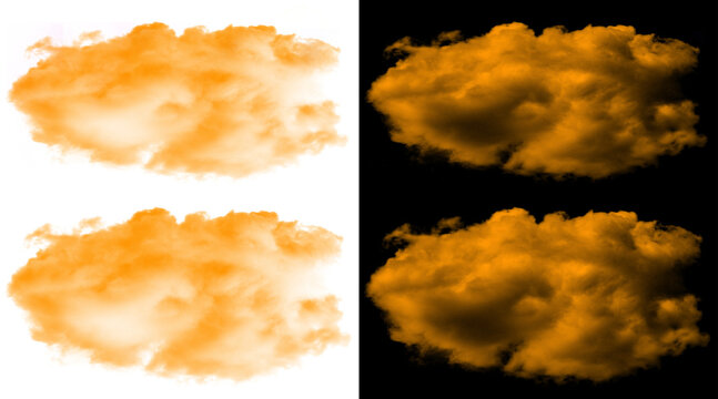 Golden orange clouds isolated on white and black backgrounds, fluffy sunset cloud textures, atmospheric fire smoke elements for digital compositing