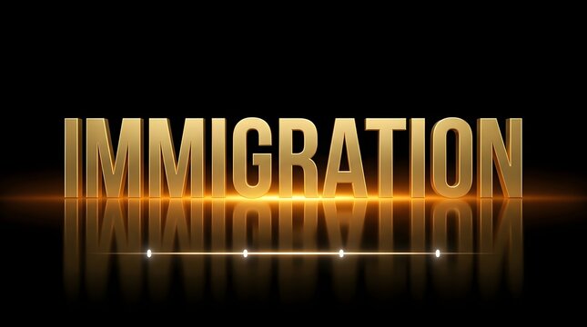 Large gold immigration text on black background with reflection effect