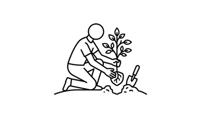 Fototapeta premium Minimal Person Planting Tree Outline Icon for Environmental Projects