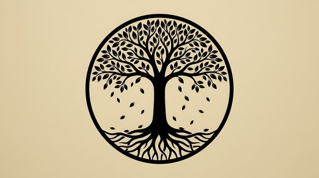 Tree of life symbol. Nature logo with roots and leaves in circle