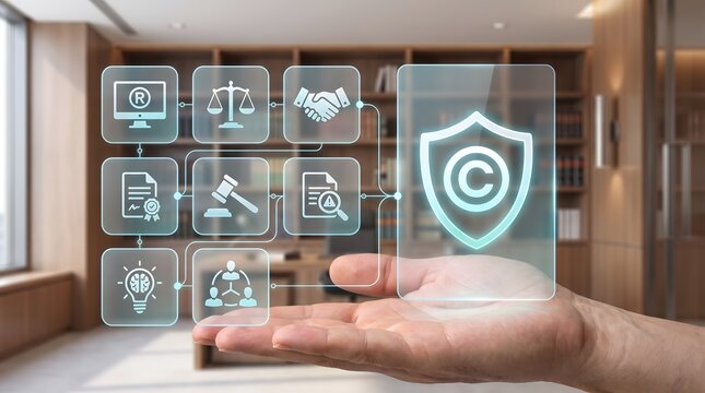 Digital Copyright Protection Hologram Displaying Intellectual Property Law and Corporate Compliance