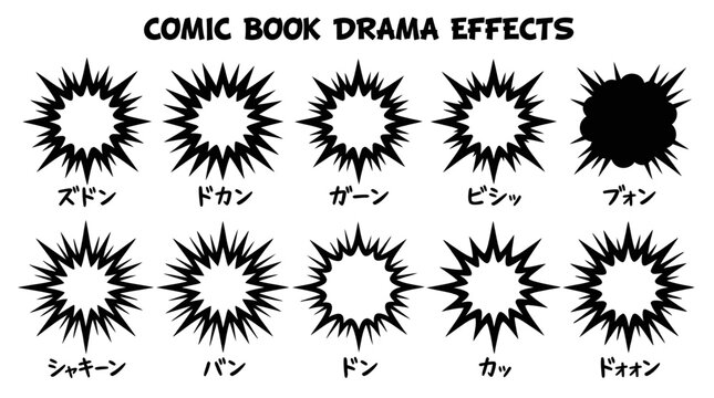 Comic book drama explosion bubbles with Japanese onomatopoeia text set.