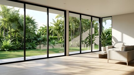 Fototapeta premium A serene interior living room with a comfortable chair and table, surrounded by large windows overlooking a lush tropical garden with palm trees and greenery on a sunny day.