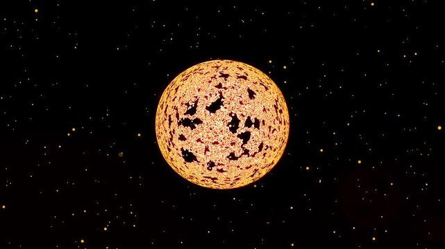Realistic sun sphere radiating intense warmth animation. Fiery energy sphere exploding and particles are moving. Burning ball of flames in outer space. Solar flares erupts of cinematic cosmic view.