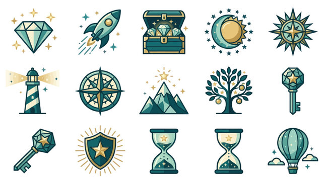 Adventure and exploration fantasy icon set.