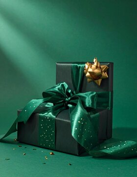 A dark green gift box with a green ribbon and gold bow on a green background