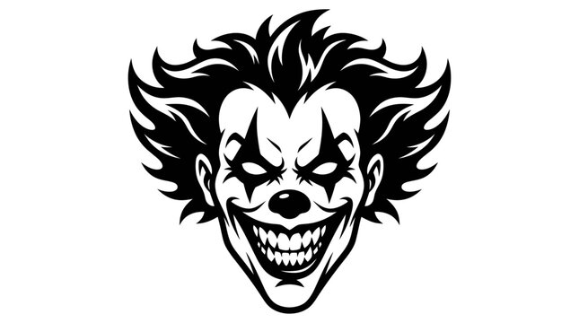 Menacing evil clown face with sharp teeth and messy hair illustration.