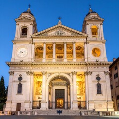 Obraz premium Illuminated facade of Trinita dei Monti church at dusk in Rome.