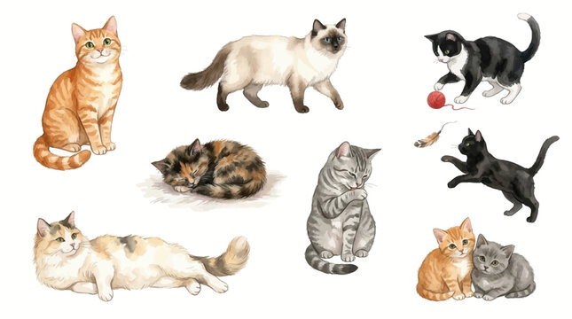 Set of Watercolor Illustrations Featuring Various Breeds of Domestic Cats in Different Poses and Activities Isolated on White Background
