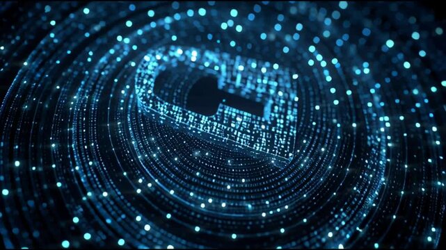 Abstract digital spiral pattern with glowing blue circuit lines and dots.