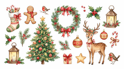 Obraz premium Festive Watercolor Christmas Collection Featuring a Decorated Tree Reindeer Wreath and Seasonal Ornaments for Holiday Design Projects