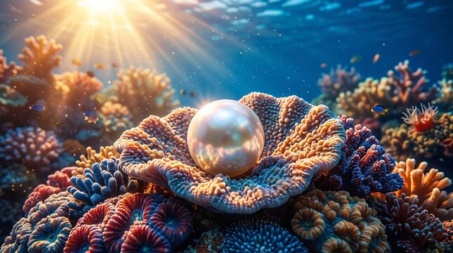 Underwater coral reef with a large pearl resting in an open clam shell, illuminated by sunlight rays in a vibrant marine ecosystem