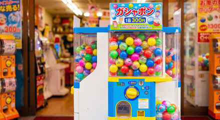 Obraz premium Front View of Capsule Machine Packed with Colorful Capsules, Japanese Gachapon Toy Vending Dispenser, Bright Fun Product Photography