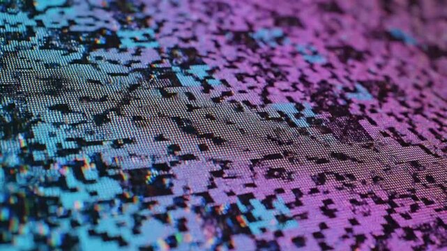 Abstract digital glitch art video background with pixelated geometric shapes and neon color distortions