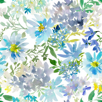 Watercolor blue floral seamless pattern with abstract hand painted hydrangea and wild flowers on a transparent background for fabric, home decor and wedding invitation