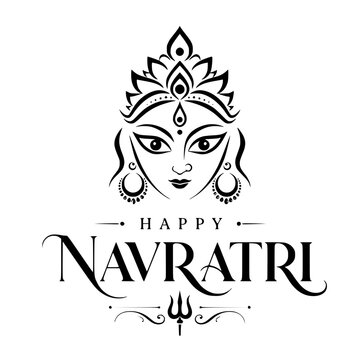 Black Goddess Durga silhouette with Happy Navratri text, isolated on a transparent background. Perfect for festival cards.