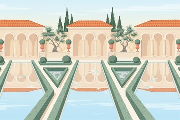 Fototapeta premium A flat of a mediterranean garden with symmetrical water pools, manicured hedges, arched buildings, and cypress trees