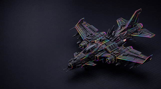 Futuristic Military Jet Aircraft with Neon Rainbow Glowing Outlines on Dark Background