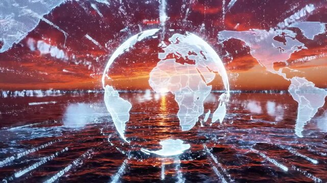 A vibrant digital illustration depicting a stylized globe with radiant lines emanating from it, set against a backdrop of a world map and a gradient orange and white sky
