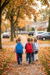 Obraz premium Children walking on sidewalk with autumn leaves on ground kids heading to school with backpacks in colorful fall season.