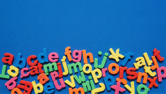 Colorful Alphabet Letters Scattered On Blue Background Photo