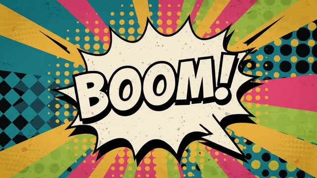 Comic book boom explosion effect graphic with bold retro typography and colorful background