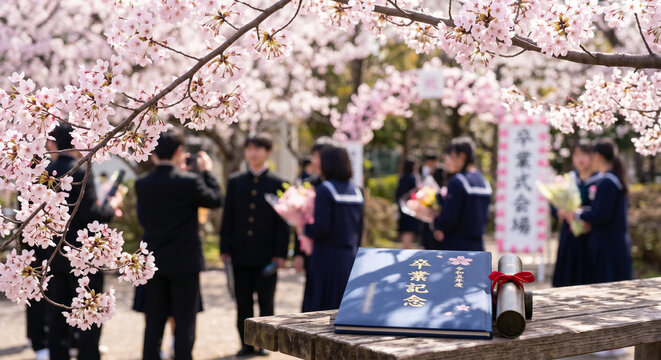 Fully Bloomed Cherry Blossom Branches with Graduation Album, Blurred Uniformed Graduates in Background, Japanese Spring Graduation Ceremony Scene