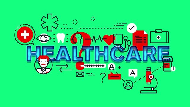 Healthcare medical animation showing metallic typography text with clinical outline icons on green background.