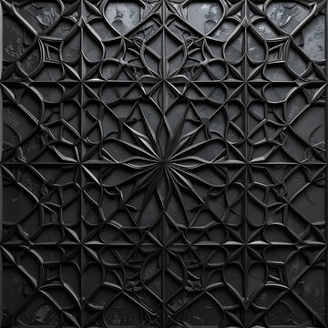 A dark, intricately designed geometric pattern with raised, intersecting lines and shapes forming a symmetrical, floral-inspired composition