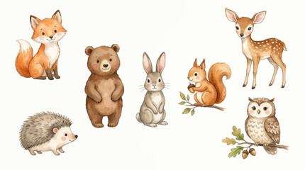Fototapeta premium Watercolor Set of Adorable Woodland Forest Animals Featuring a Cute Fox Bear Rabbit Squirrel Deer Hedgehog and Owl for Nursery Decor