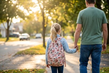Obraz premium Little girl carrying floral bag holding hand of father while strolling on sidewalk in quiet suburban community on clear morning light reflecting through leaves during early autumn.