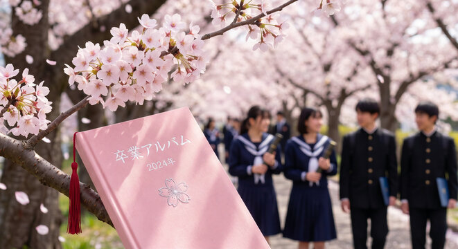 Fully Bloomed Cherry Blossom Branches with Graduation Album, Blurred Uniformed Graduates in Background, Japanese Spring Graduation Ceremony Scene