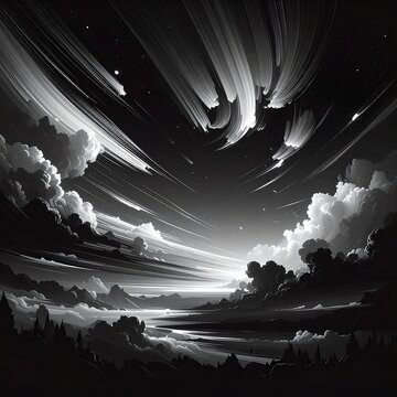 A dark landscape with a bright light shining through clouds and streaks of light in the sky