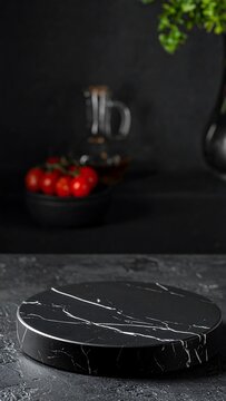 A dark marble plate on a gray surface with tomatoes and a pitcher in the background