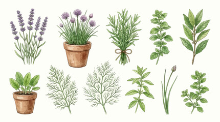 Hand Painted Watercolor Illustration Collection Featuring Various Aromatic Culinary Herbs and Potted Plants for Gardeners © Avra