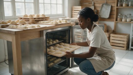 Fototapeta premium Homemade artisan bread baking in rustic cozy kitchen. Woman placing trays of homemade dough into a commercial oven in a rustic bakery kitchen with wooden shelves and natural light