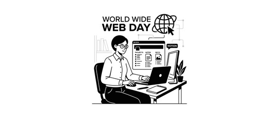 Obraz premium World Wide Web Day illustration: Person working on laptop, celebrating internet day.