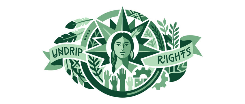 Indigenous Rights Advocacy Graphic with UNDRIP Banner, Native Woman Portrait, Hands Raised