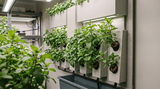 Dense mint plants thriving inside modular wall-mounted hydroponic panels beneath integrated grow lights, illustrating space-saving indoor cultivation, recirculating nutrition, and local herb harvests