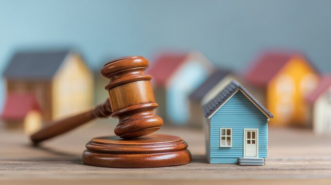 Wooden gavel resting on table with miniature houses in soft focus background during auction concept