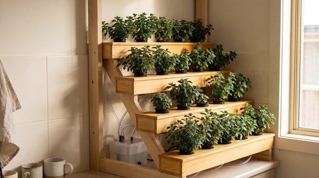 A tiered wooden hydroponic herb rack beside a sunlit kitchen window supports lush mint in net pots, blending residential design, recirculating irrigation, compact gardening, and fresh home harvests