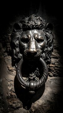 A dark, metallic lion's head door knocker with a ring in its mouth